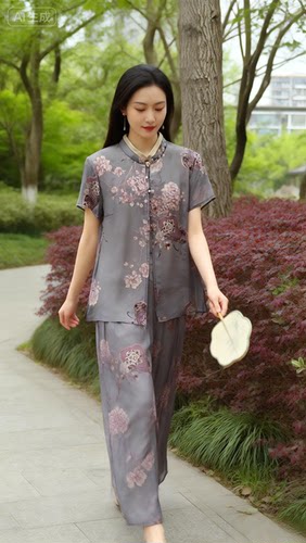双层桑蚕丝新中式立领衬衫女妈妈装真丝印花短袖上衣气质大码开衫