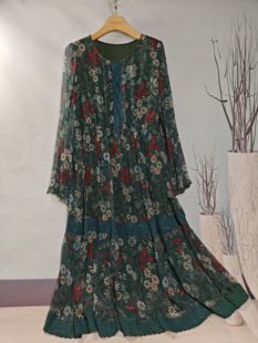 桑蚕丝顺于乔花卉印花长袖连衣裙真丝长裙过膝到小腿法式碎花裙A9