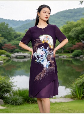 巨亏甩 保证桑蚕丝 小码新中式真丝印花连衣裙妈妈装断码清仓