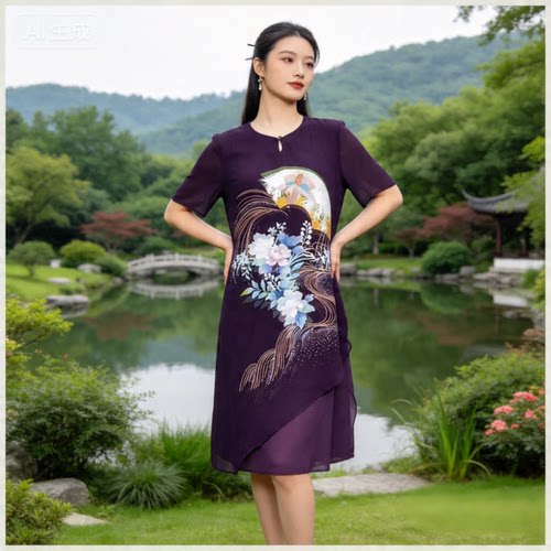 清仓桑蚕丝新中式妈妈连衣裙