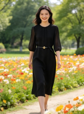 黑色桑蚕丝连衣裙女夏高级感气质七分袖收腰显瘦中长款真丝A字裙