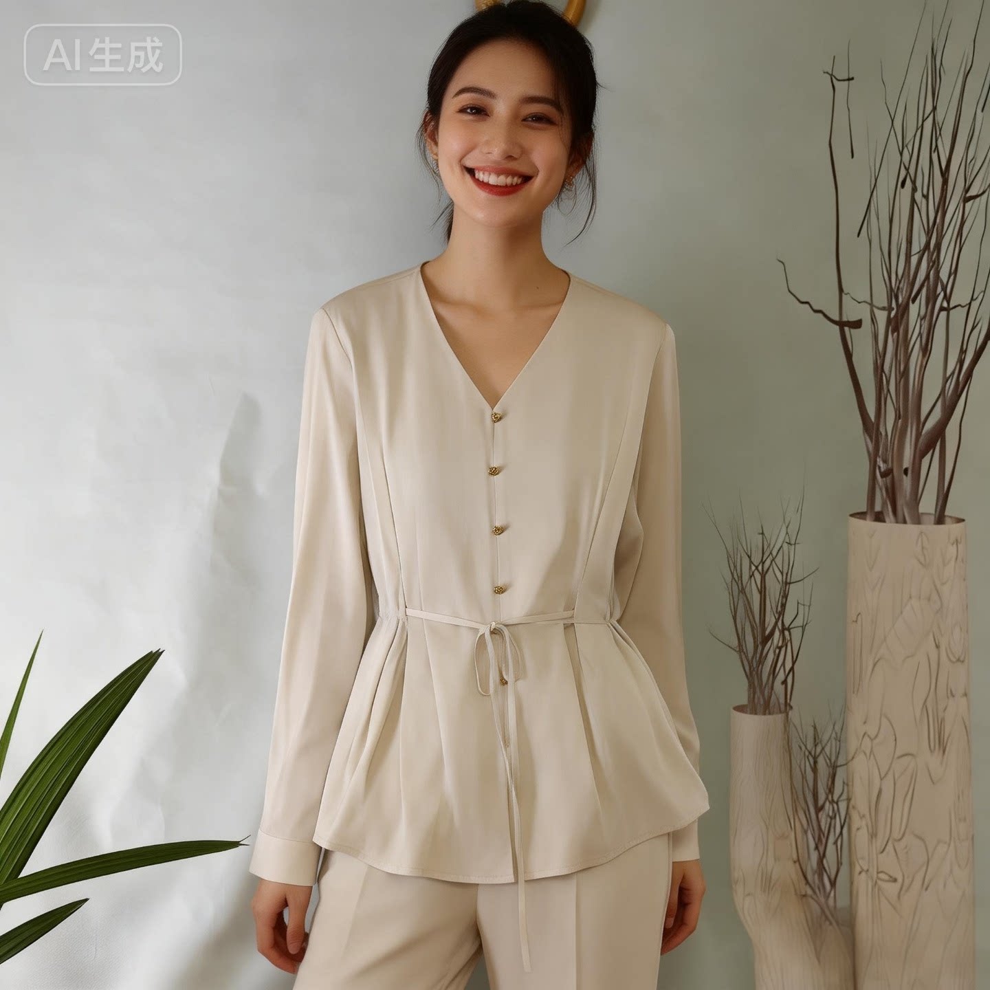 标题：桑蚕丝V领衬衫女 秋季新款收腰系带显瘦 真丝长袖通勤上衣