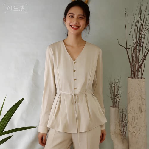 桑蚕丝V领系带显瘦通勤衬衫女
