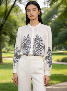 桑蚕丝微瑕印花立领显瘦女衬衫