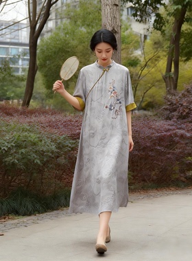 1. 夏季新中式桑蚕丝改良旗袍 灰色提花刺绣宽松遮肚连真丝衣裙