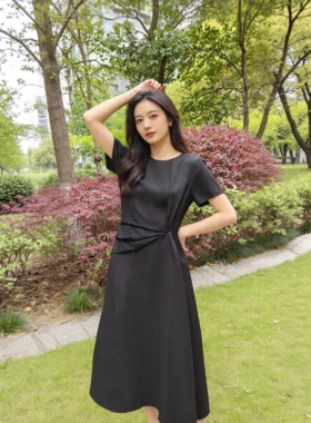 重磅真丝桑蚕丝连衣裙女夏季新款收腰显瘦气质高级感黑色中长款裙
