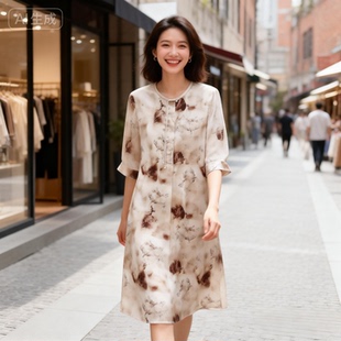 桑蚕丝直筒裙弹力缎夏季 女式 连衣裙新中式 真丝长裙A37 圆领五分袖