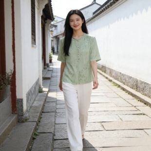 桑蚕丝提花衬衫 新中式 圆领短袖 高端简冠乐绉真丝气质上衣B78 女