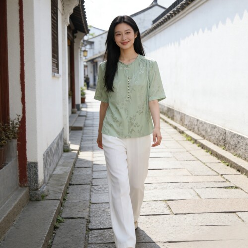 桑蚕丝提花新中式圆领短袖衬衫女