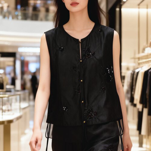 100%桑蚕丝新中式亮片马甲女