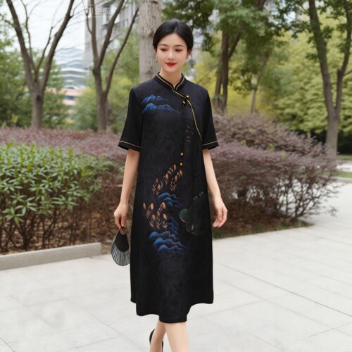 夏季妈妈装桑蚕丝新中式旗袍裙