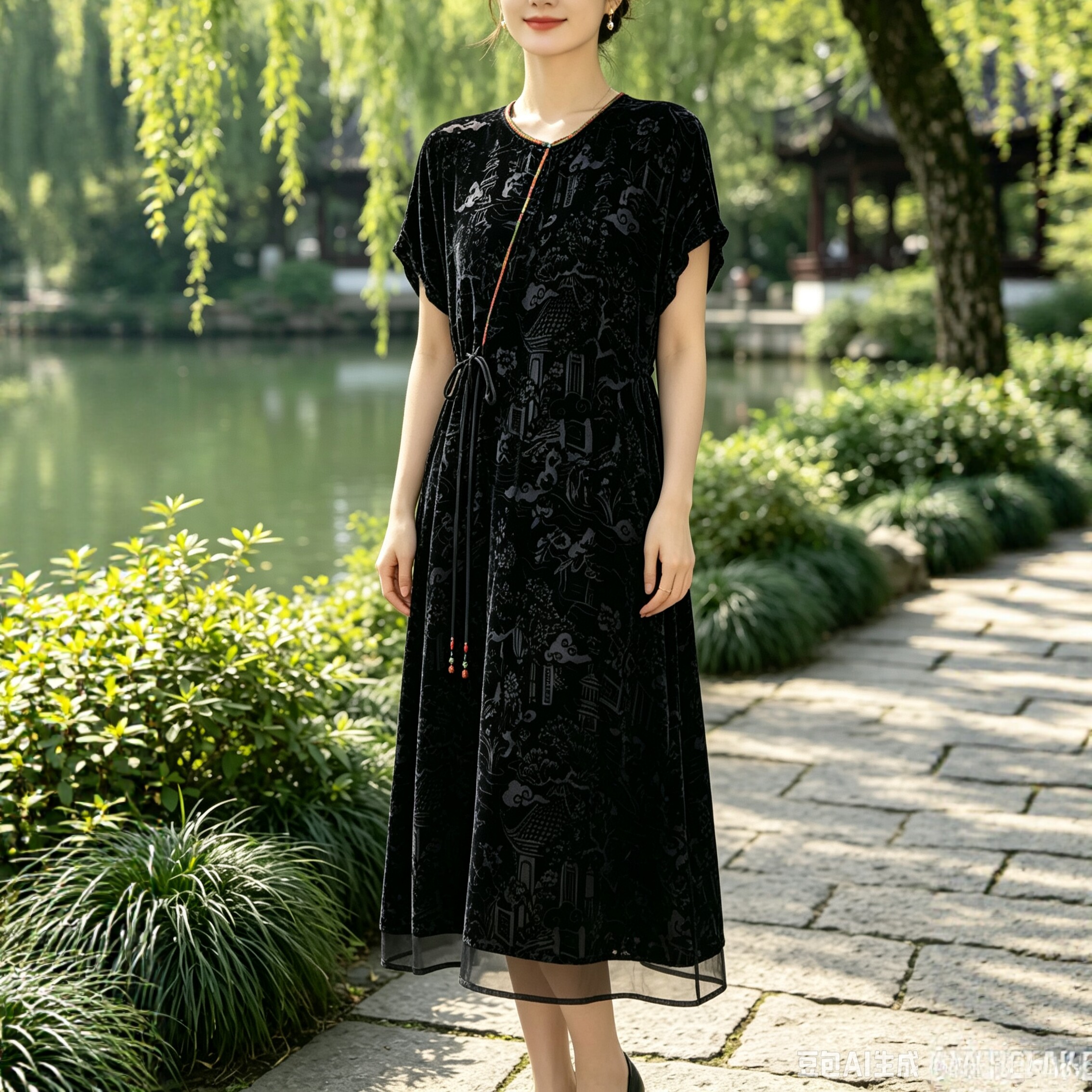 国风黑丝绒透花连衣裙中年女士气质直筒显瘦外衫带吊带内衬两件套