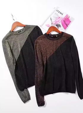 晓 外贸女J003 100%羊毛bing闪 太美斜拼圆领毛衣针织 ~A1823