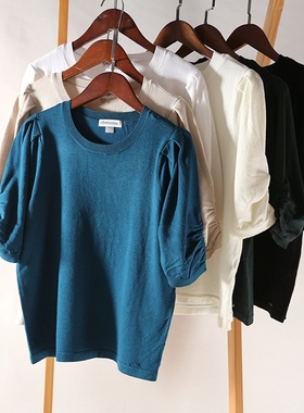 晓晓衣铺 外贸原单女C家  灯笼袖公主袖 圆领针织  短袖T恤~A4566