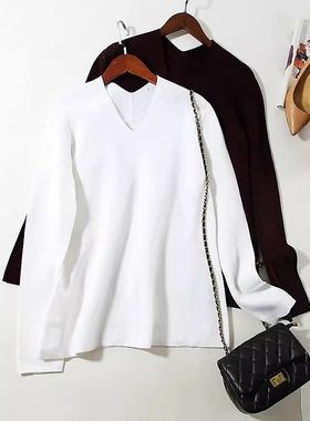 7折外贸欧美J003简约百搭基础通勤四平针棉质V领长袖针织衫A3378