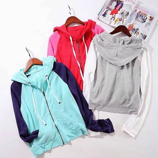 特价 外贸女休闲加薄绒外套 拉链连帽卫衣~用拼色来彰显青春A200