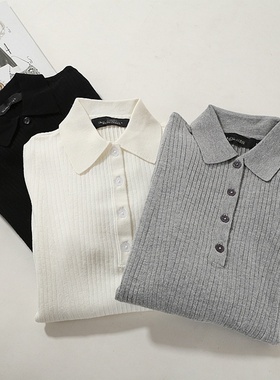 晓 外贸女装  新款简约坑条纽扣POLO领翻领修身长袖针织衫~A4822