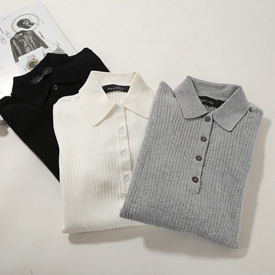 晓 外贸女装  新款简约坑条纽扣POLO领翻领修身长袖针织衫~A4822