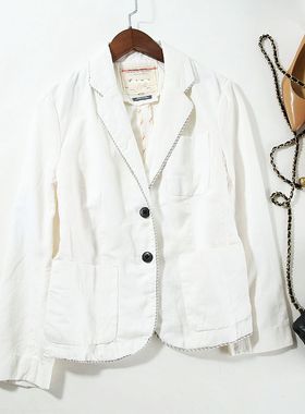 【白色瑕品】养眼三口袋西装女  后开叉滚边  麻棉单层外套~A3607