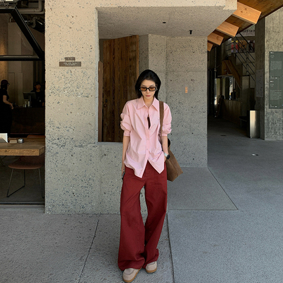 OopsLuLu 粉色衬衫女2025新款夏季韩系宽松休闲设计感长袖上衣