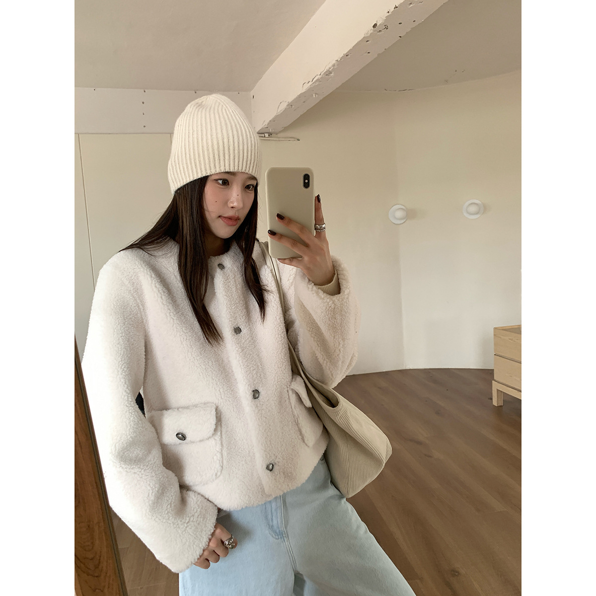 趋梦DT ETOLIE小香风环保皮草圆领长袖皮毛一体羊羔毛外套女冬季