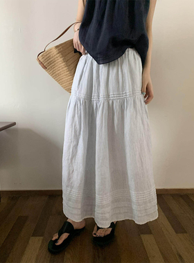 白色亚麻A字半身裙女夏中长裙松紧腰褶皱花边初恋裙松弛感