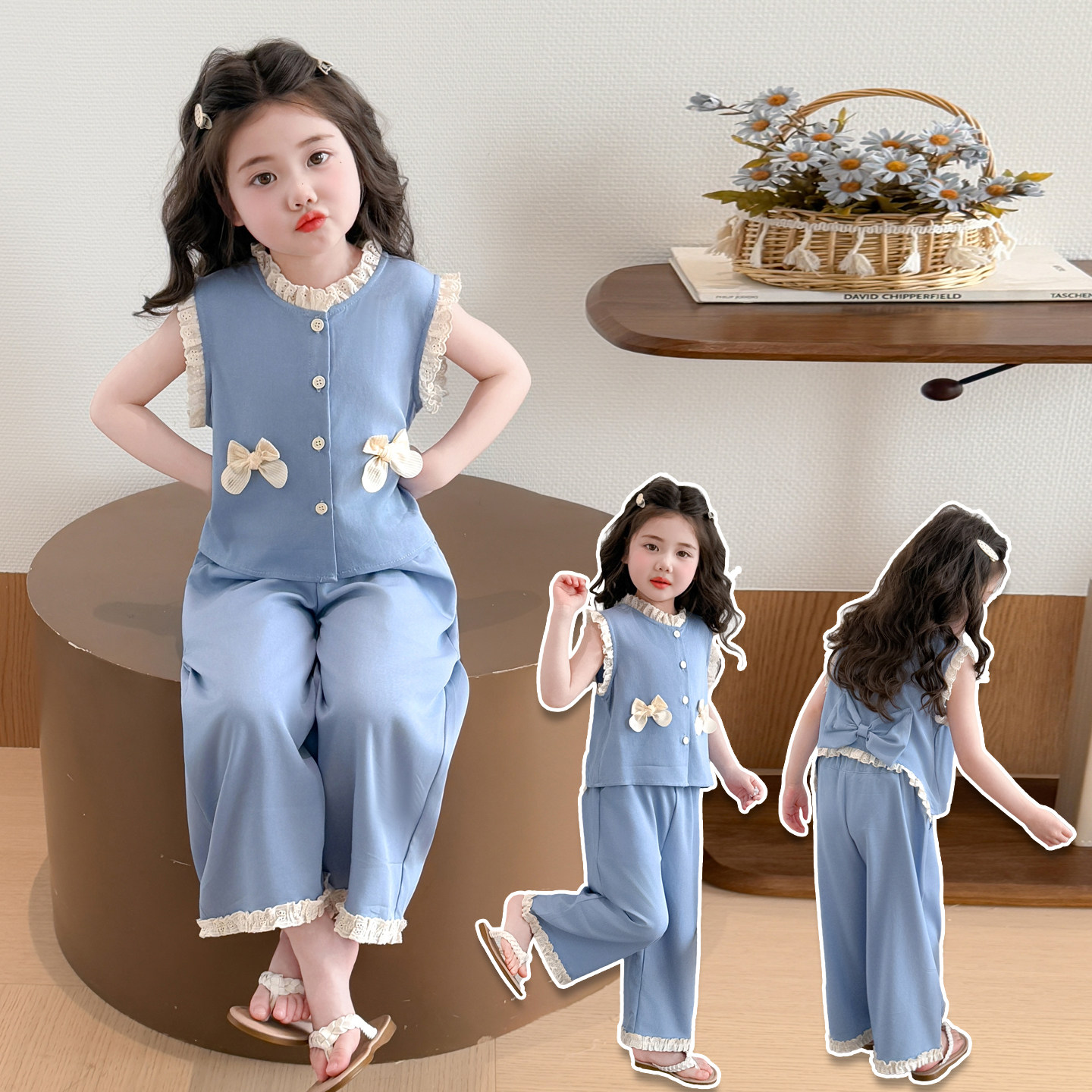 女童2026新款夏装洋气花边蝴蝶结衬衫牛仔裤两件套装中小童春夏季