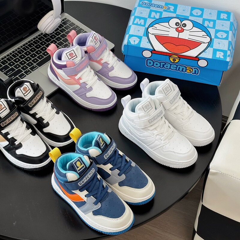 哆啦a梦儿童高帮板鞋加绒街舞皮面防水二棉男女童aj潮鞋大童时尚