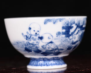 清雍正青花婴戏图纹酒杯茶盏茶杯