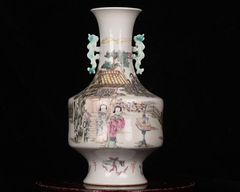 民国汪友棠绘粉彩送子图外销回流罗斯柴尔德火漆印双耳尊瓶