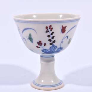 大明成化年制侘紫斗彩蝶恋花纹三秋高足杯