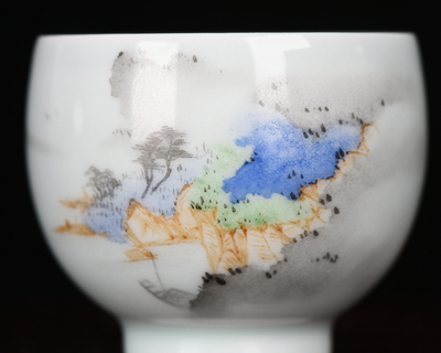 清雍正粉彩泼彩山水野渡无人舟自横酒杯茶杯