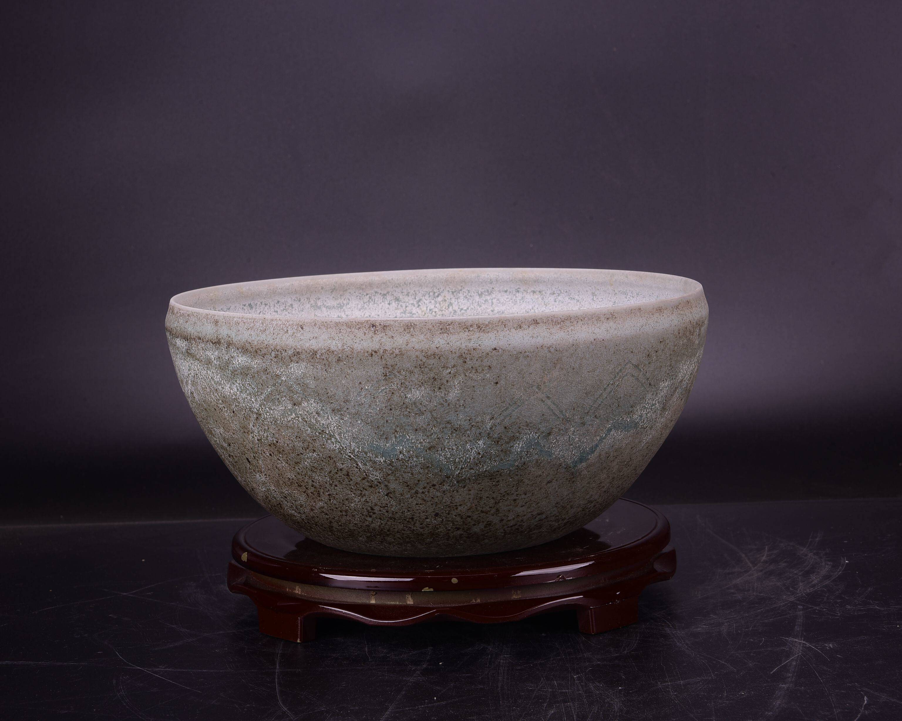 大宋清凉寺天青色玛瑙釉松柴烧制汝窑莲花纹海捞瓷钵笔洗
