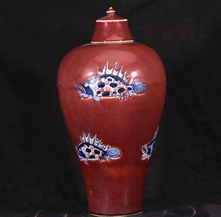 大明宣德年制宝石红釉宝烧青花釉里红鳜鱼纹酒瓶梅瓶