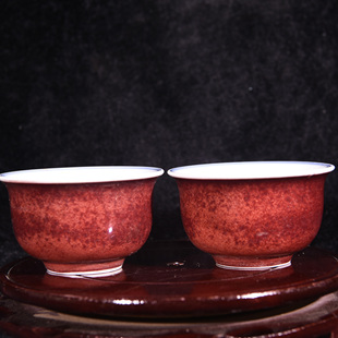 大明宣德年制宝烧宝石红釉青花缠枝花纹压手杯