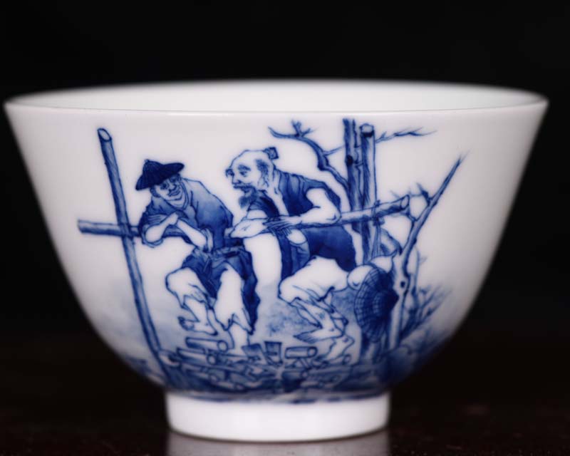 清康熙青花粒粒皆辛苦踏水车纹酒杯茶杯