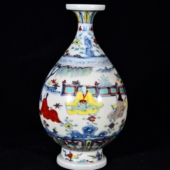 大明成化年制侘紫斗彩高士图纹玉壶春瓶