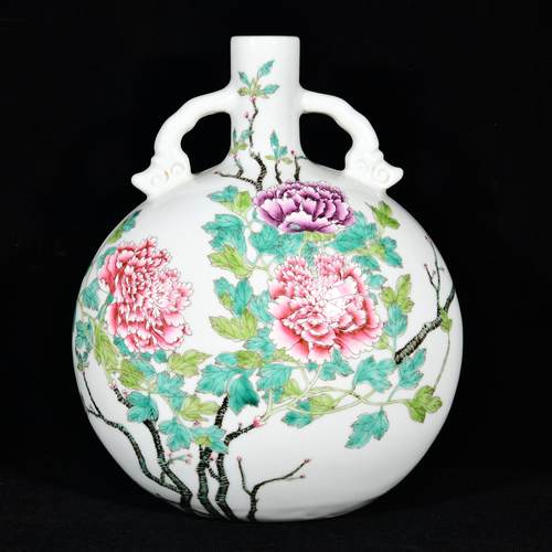 粉彩花鸟纹清雍正年制扁瓶