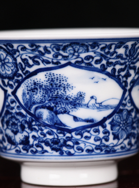 清康熙青花缠枝花开窗山水纹福进祥款酒杯茶盏茶杯