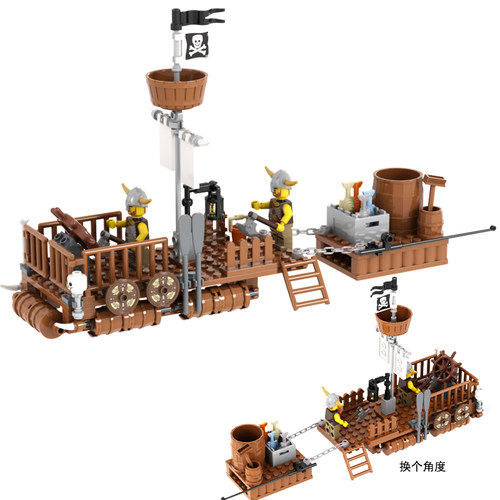 小颗粒积木MOC维京海盗人仔海盗寻宝舰船古代帆船木筏荒岛求生
