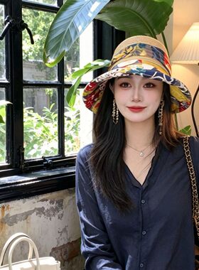 遮阳帽子女夏天韩版海边度假遮脸防紫外线沙滩太阳帽草帽大檐花帽
