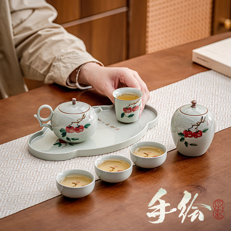 鼎艺手绘柿柿如意柿子茶具套装釉下彩功夫家用客厅干茶盘茶壶套装