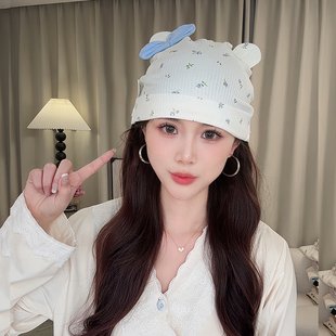 碎花田园风产妇月子帽春夏薄款纯棉防风包头帽产后坐月子双层发带
