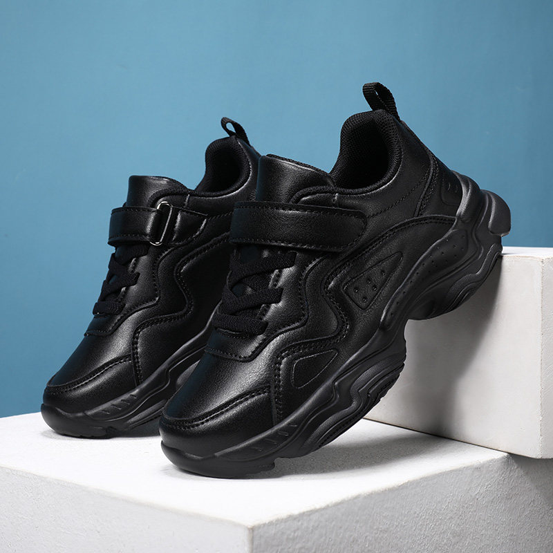 7皮面儿童运动鞋男童鞋子全黑色9小学生38码10男孩纯黑跑步鞋12岁