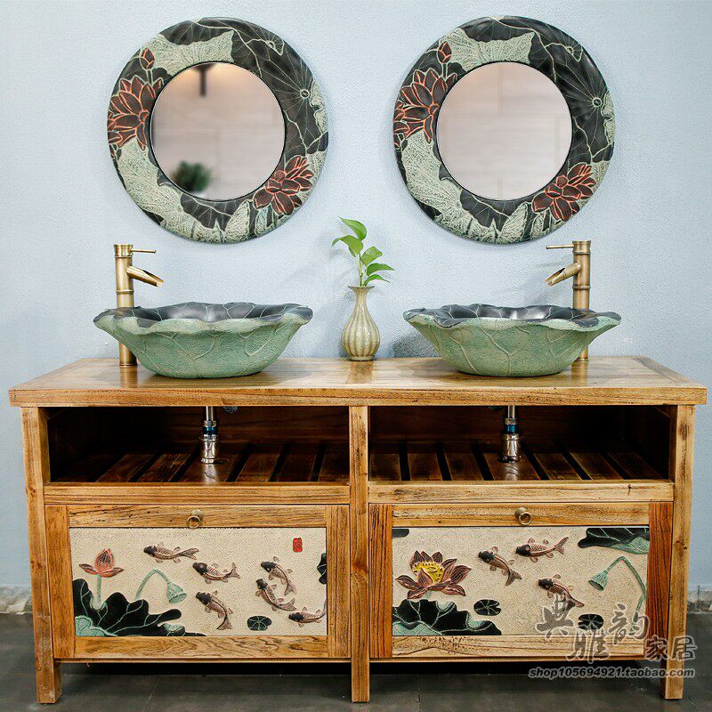 中式复古中国风实木家具荷花台盆柜台上盆荷塘月色双盆连体浴室柜