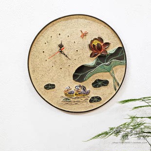 装饰挂件创意现代简约中式挂钟静音钟表客厅时钟墙面壁钟荷花鸳鸯