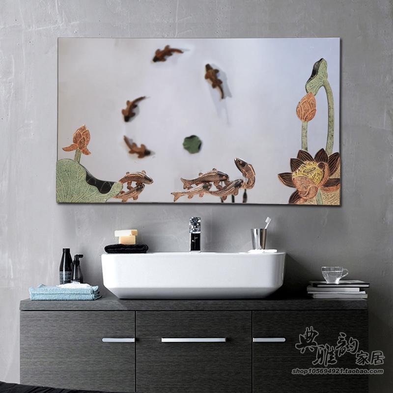 新中式仿古树脂工艺品田园浴室镜子化妆镜仪容田园荷花镜鱼舞荷塘