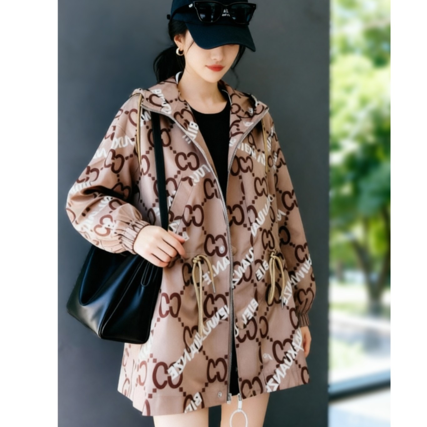 春秋风衣外套韩版拉链连几何图形中长款ins女潮加大码港风潮牌