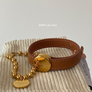 韩国小众设计金色金属黄铜棕色真皮手镯女简约个性手镯女款高级款
