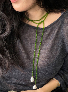 新中式巴洛克珍珠长款项链女多层高级感串珠绿色小众设计吊坠复古